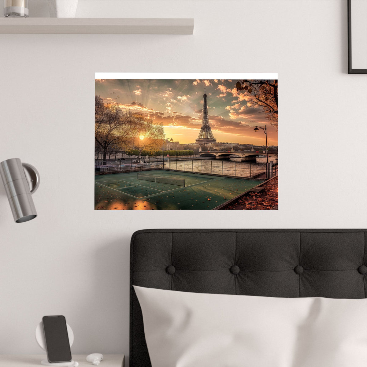 Pickleball in Paris Sunset Eiffel Tower Satin Poster — Vintage Riverbank Landscape Wall Art